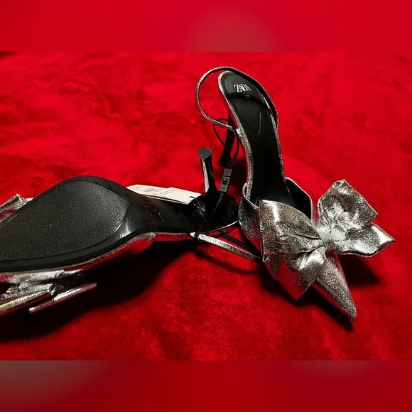 Zara Silver Metallic Slingback Heels with Bow - Picture 6 of 7